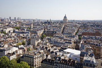 Fototapeta na wymiar Paris, France - May 6, 2018: Aerial view shot from Notre-Dame Cathedral with the Pantheon in the background