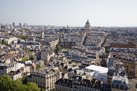 Paris, France - May 6, 2018: Aerial view shot from Notre-Dame Cathedral with the Pantheon in the background