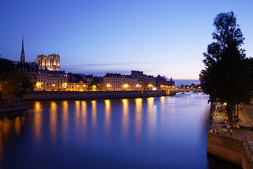 Fototapeta premium Paris, France - July 5, 2018: Notre Dame Cathedral with Paris cityscape and River Seine at dusk, France