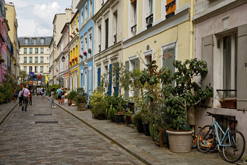 Fototapeta na wymiar Rue Crémieux, Paris, France - July 5, 2018: Rue Cremieux in the 12th Arrondissement is one of the prettiest residential streets in Paris.