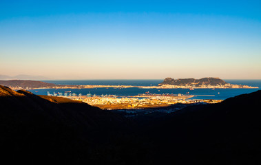 View to the bay of Algeciras, Spain, Andalusia, with the port and Gibraltar in the background