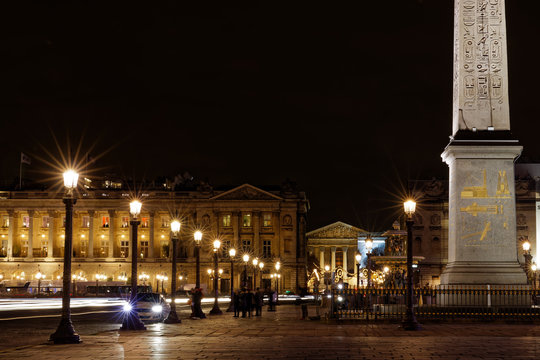 Paris, France - december 4, 2017: Concorde, Madeleine church and Hotel de Crillon by night and christmas lights