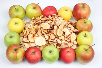 Dried Apple slices surrounded by fresh apples on white background