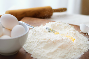 Italian home made pasta.   Italian kitchen. Flour egg ingredients. 