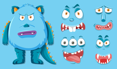 Blue monster with different facial expression