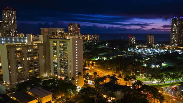 Zoom out sunset timelapse of the city of Honolulu, Hawaii, USA