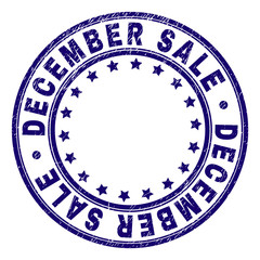 DECEMBER SALE stamp seal imprint with distress texture. Designed with circles and stars. Blue vector rubber print of DECEMBER SALE text with scratched texture.