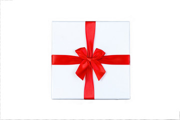 one gift boxes with ribbon blue and red bow on white background.