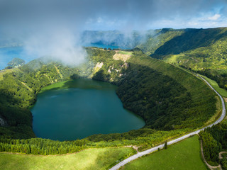 Hell's Mouth lakes in Sete Cidades volcanic craters on San Miguel island, Azores, Portugal.