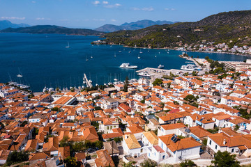 Top view of the sea harbor at Poros island, Aegean sea, Greece.