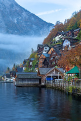 View of the Hallstatt from lake Hallstater See, Hallstatt village in Alps at dusk, Austria