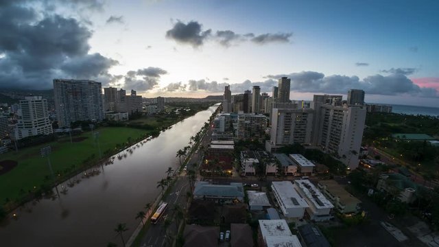 Sunrise timelapse of the city of Honolulu, Hawaii, USA