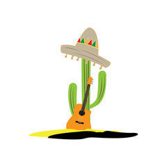 Isolated cactus with a mexican hat and a guitar. Vector illustration design