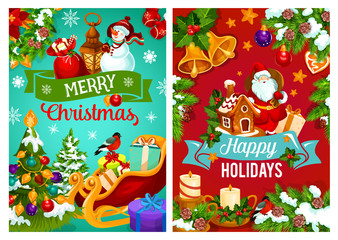 Christmas gift, pine tree and Santa sleigh