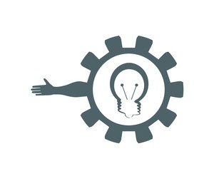 Abstract technology assistant emblem. Human arm and cog wheel with electric lamp silhouette