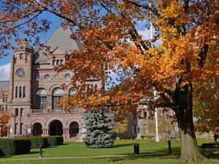 Queen's Park, Toronto and provincial parliament building with colorful oak tree in fall