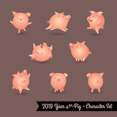 Set of pig cartoon characters. Design elements for 2019 year of the pig. Vector illustration.
