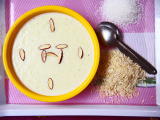 Popular Indian homemade sweet Kheer, made with rice and milk