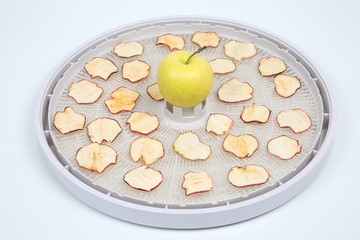 Dried Apple slices on trays of special electric fruit dryer