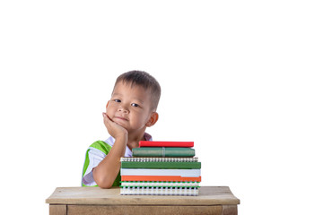 portrait of smiling little student asian boy with many books education and school concept isolated on white background