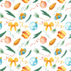 Watercolor christmas seamless pattern. Texture with fir branches, Christmas toys, balls, gifts, bow. Illustration for new year wallpaper, packaging, scrapbooking, greeting cards.