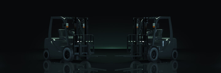 Forklift truck in dark background. 3d rendering