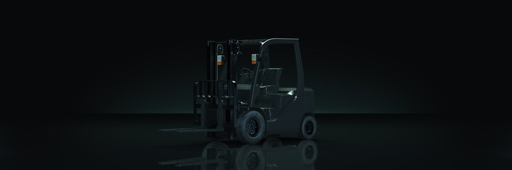 Forklift truck in dark background. 3d rendering