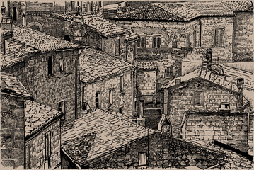 Italy, Tuscany. Old stone houses. Digital Sketch Hand Drawing Vector. Illustration.