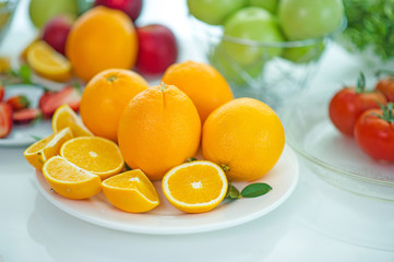 The fruits of health lover Healthy fruit And health care to eat healthy food. To the skin. The fruit is placed in a beautiful table, apple apricot, banana, orange, dragon, placed in the corner 