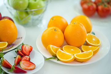 The fruits of health lover Healthy fruit And health care to eat healthy food. To the skin. The fruit is placed in a beautiful table, apple apricot, banana, orange, dragon, placed in the corner 