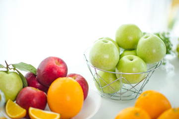 The fruits of health lover Healthy fruit And health care to eat healthy food. To the skin. The fruit is placed in a beautiful table, apple apricot, banana, orange, dragon, placed in the corner 