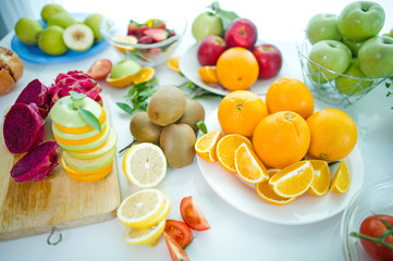 The fruits of health lover Healthy fruit And health care to eat healthy food. To the skin. The fruit is placed in a beautiful table, apple apricot, banana, orange, dragon, placed in the corner 