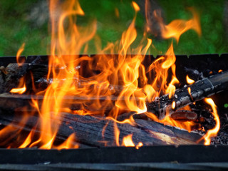 fire burns on wood in the grill