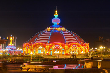 The beautiful nightscape architecture art of Matryoshka doll Squrae of NZH Manzhouli in Inner Mongolia, China.