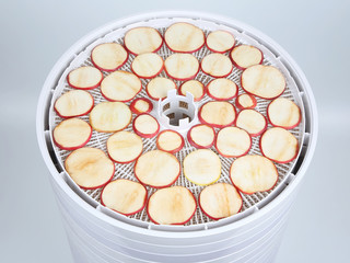 Fresh Apple slices on the trays of a special electrical dryer for fruits