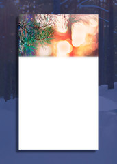 Vertical Greeting Card Illustration, Pine Tree Fir Branch And Lights, Faded Blue Evening Winter Forest Background. Christmas And New Year Banner, Cover, Invitation Concept.