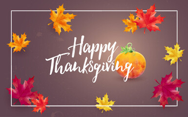 Happy Thanksgiving holiday banner with hand drown lettering on frame. Autumn tree leaves and pumpkin on dark background. Autumnal design for fall season greeting card, vector illustration