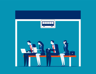 People sitting at the bus stop; Concept business vector illustration; Flat business cartoon; Transportation; Station; Salary people; Passenger.