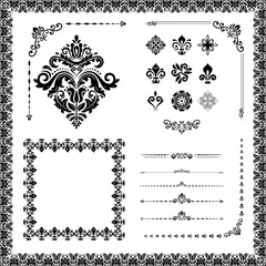 Vintage set of vector horizontal, square and round elements. Different elements for backgrounds, frames and monograms. Classic black patterns. Set of vintage patterns