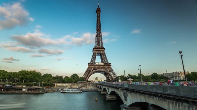 PARIS, FRANCE - JUNE 19, 2018: Eiffel Tower day timelapse. Fast movement.