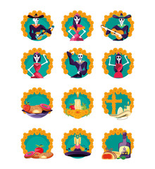 characters and icons skulls day of the dead party