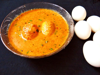 Spicy egg curry with Indian style thick spicy gravy.
