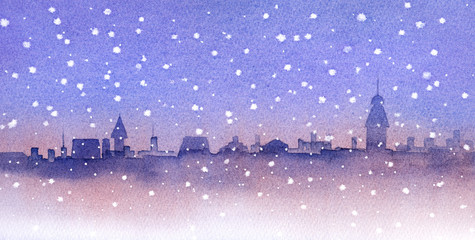 雪景色　水彩画　snow town watercolor