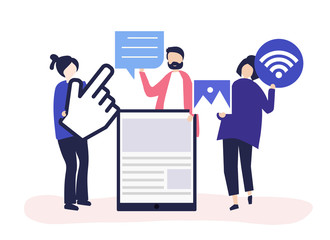 People carrying different icons related to online media