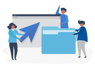 Character illustration of people with data concept icons