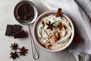 Top view of a large mug of hot cocoa topped with whipped cream