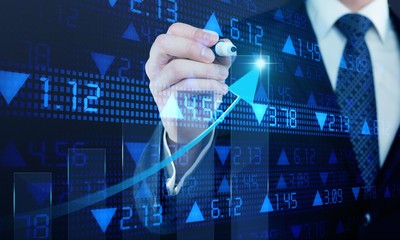Businessman and  analytics symbol on  background