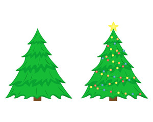 Two vector Christmas trees. Christmas tree before decorating and after with Christmas decorations. Flat isolated illustration.