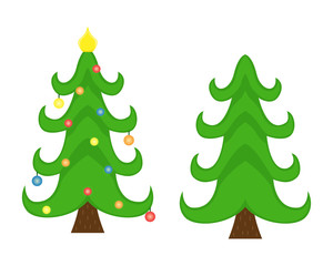 Two vector Christmas trees. Christmas tree before decorating and after with Christmas decorations. Flat isolated illustration.