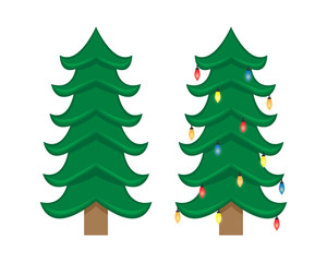 Two vector Christmas trees. Christmas tree before decorating and after with Christmas decorations. Flat isolated illustration.